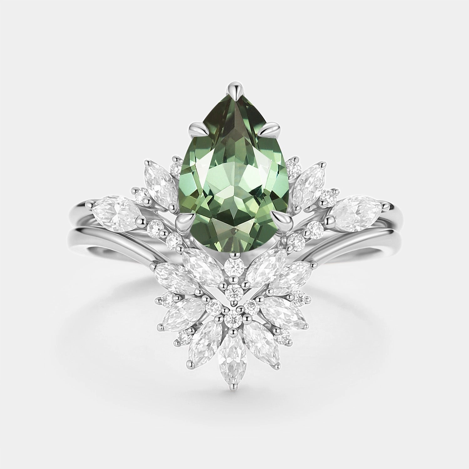Pear Cut Lab Green Sapphire Cluster Engagement Ring Set 2pcs - Peryn Delicate Accent Gleaming Craft