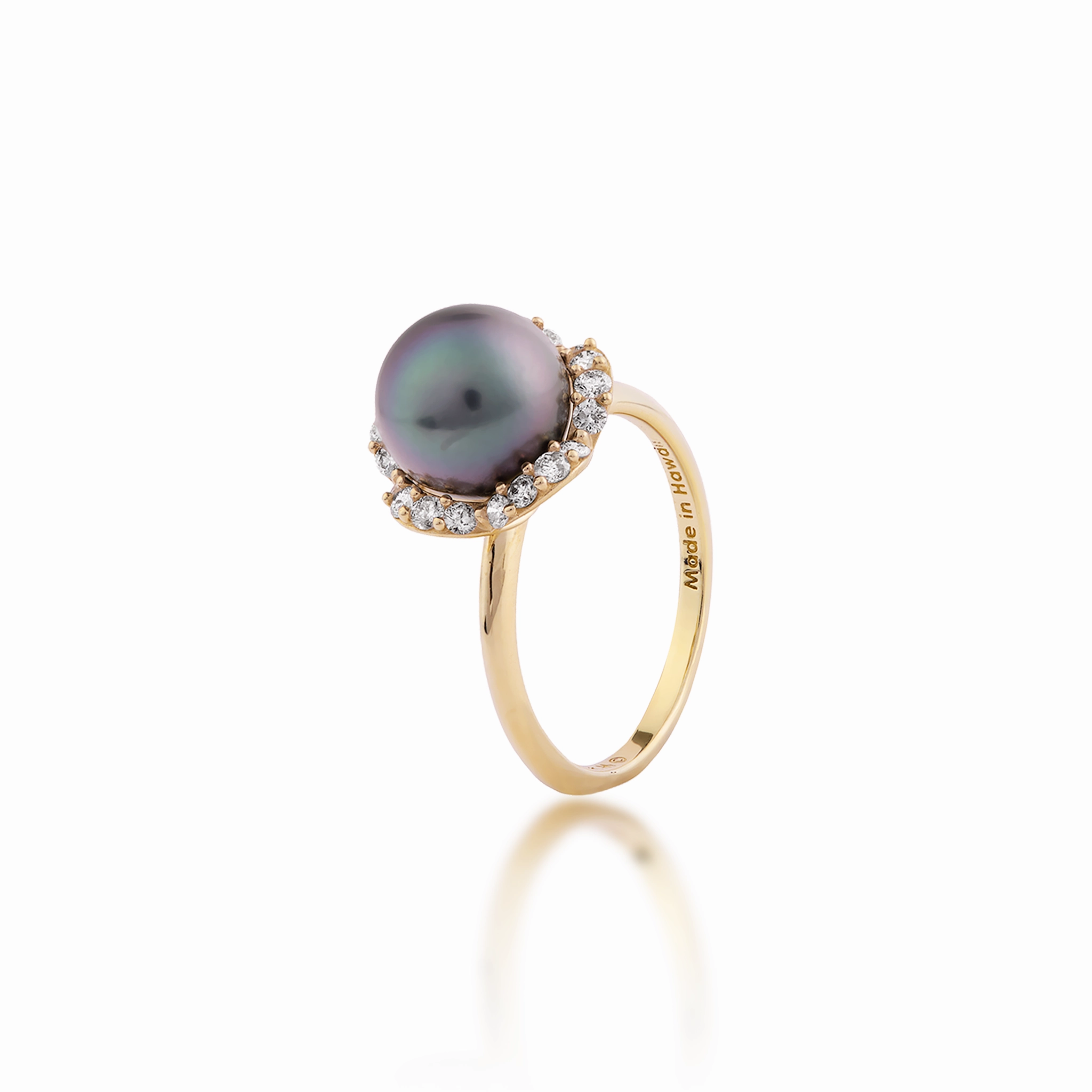 Timeless Radiance Luxury Edge Plumeria Tahitian Black Pearl Ring in Gold with Diamonds - 9-10mm