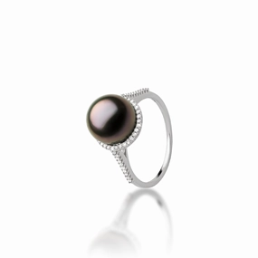 City Elegance Halo Tahitian Black Pearl Halo Ring in White Gold with Diamonds - 9-10mm
