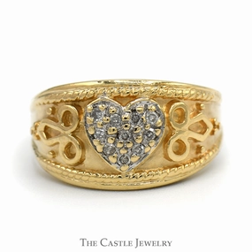 Heart Shaped Diamond Cluster Dome Ring with Scrollwork Sides in 10k Yellow Gold Business casual