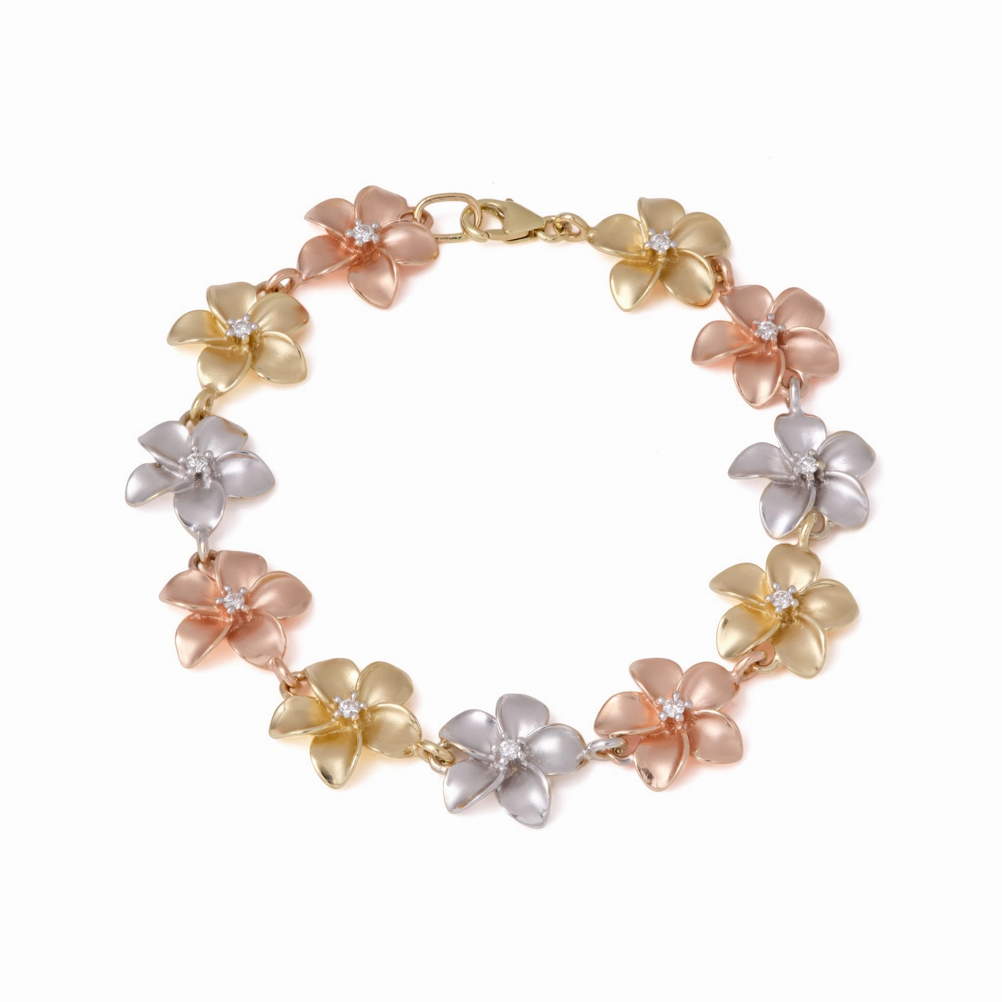 Celebration Style Distinctive Sparkle Plumeria Bracelet in Tri Color Gold with Diamonds - 13mm