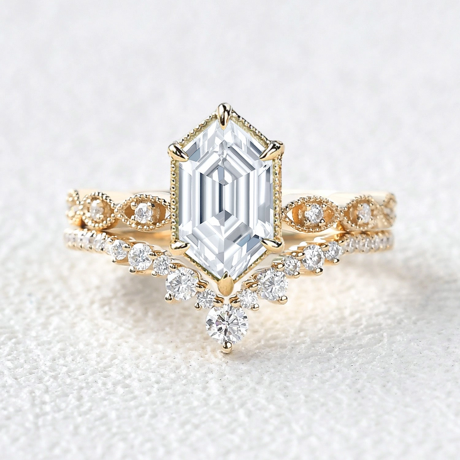 Glam Focus Everyday Feature Victorian Vintage Long Hexagon Moissanite Ring Set 2pcs