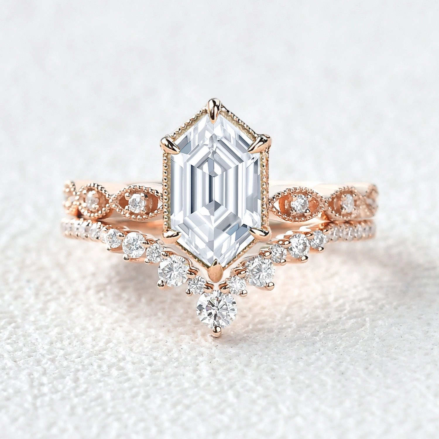 Victorian Vintage Long Hexagon Moissanite Ring Set 2pcs Urban Flair Radiant Pieces