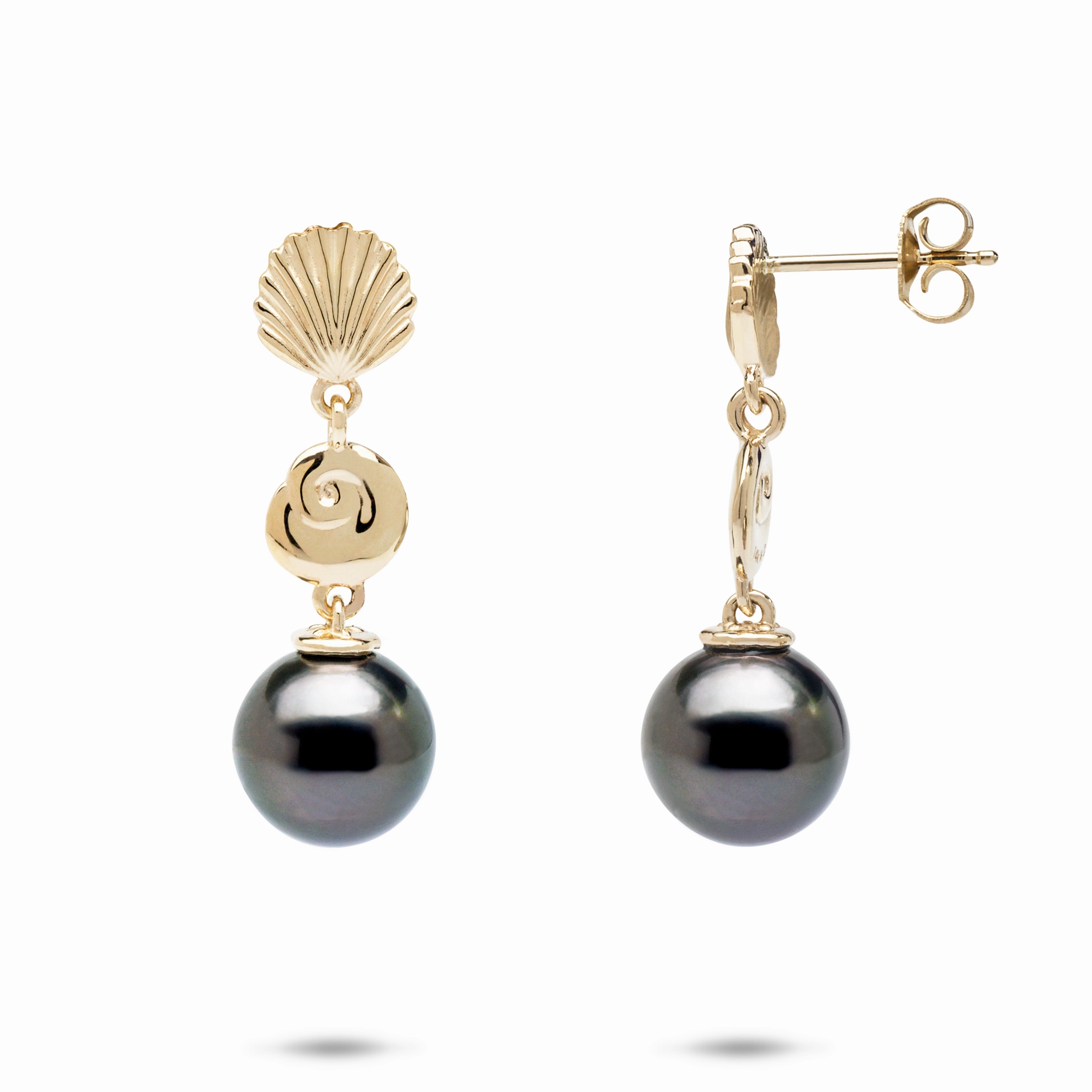 Seashells Tahitian Black Pearl Earrings in Gold - 9-10mm Dainty Spark