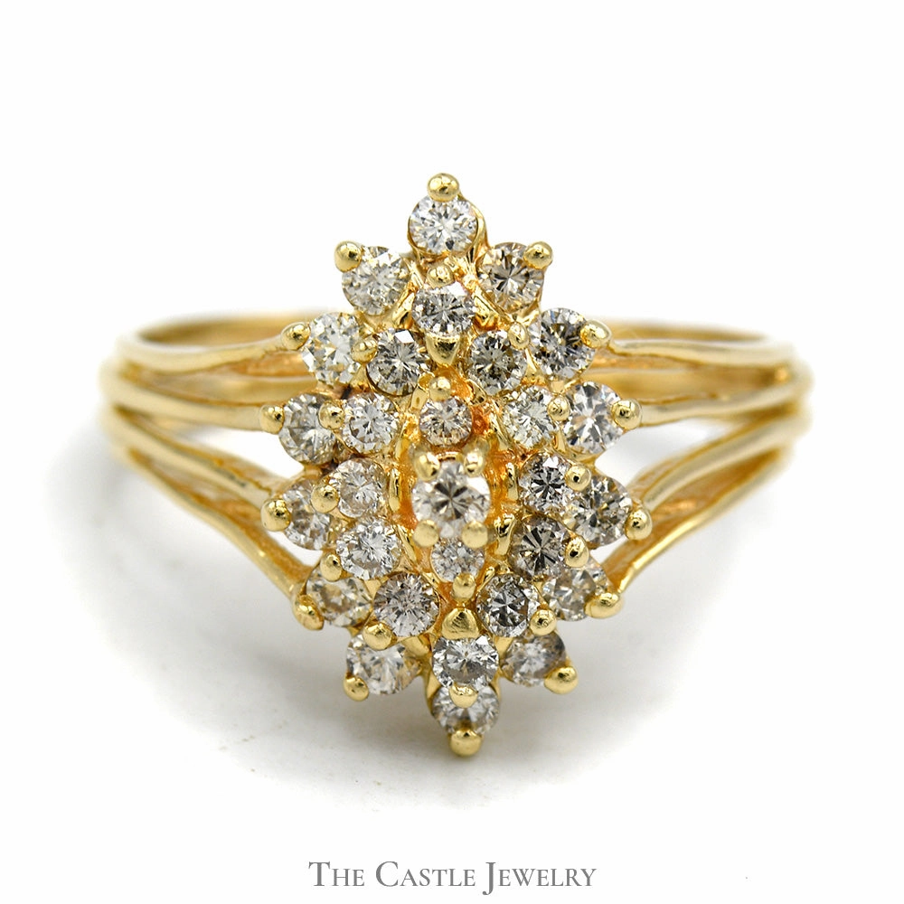 Quality Product Marquise Shaped 1cttw Diamond Cluster Ring in 14k Yellow Gold Split Shank Setting