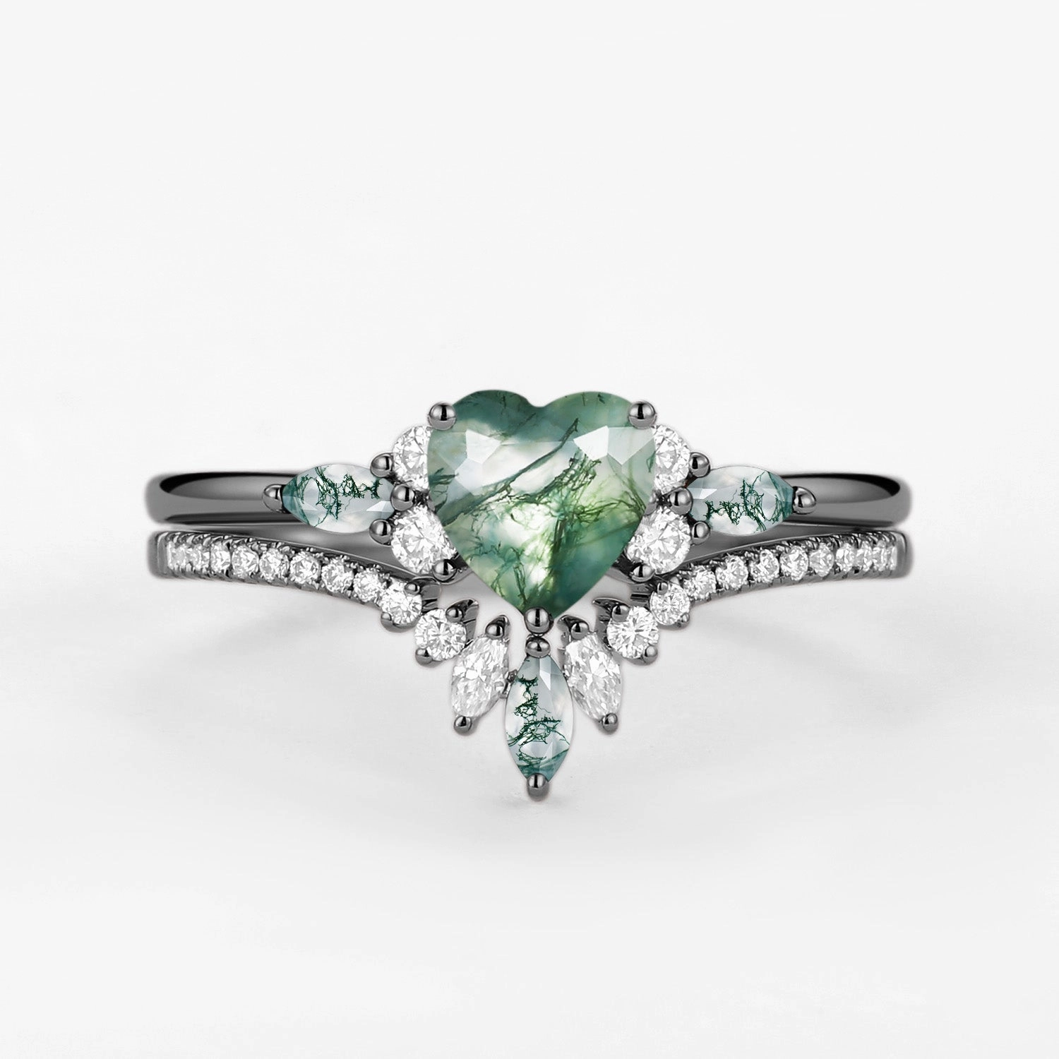 Graceful Appeal Heart Shaped Natural Moss Agate Engagement Ring Set 2pcs - Rebecca