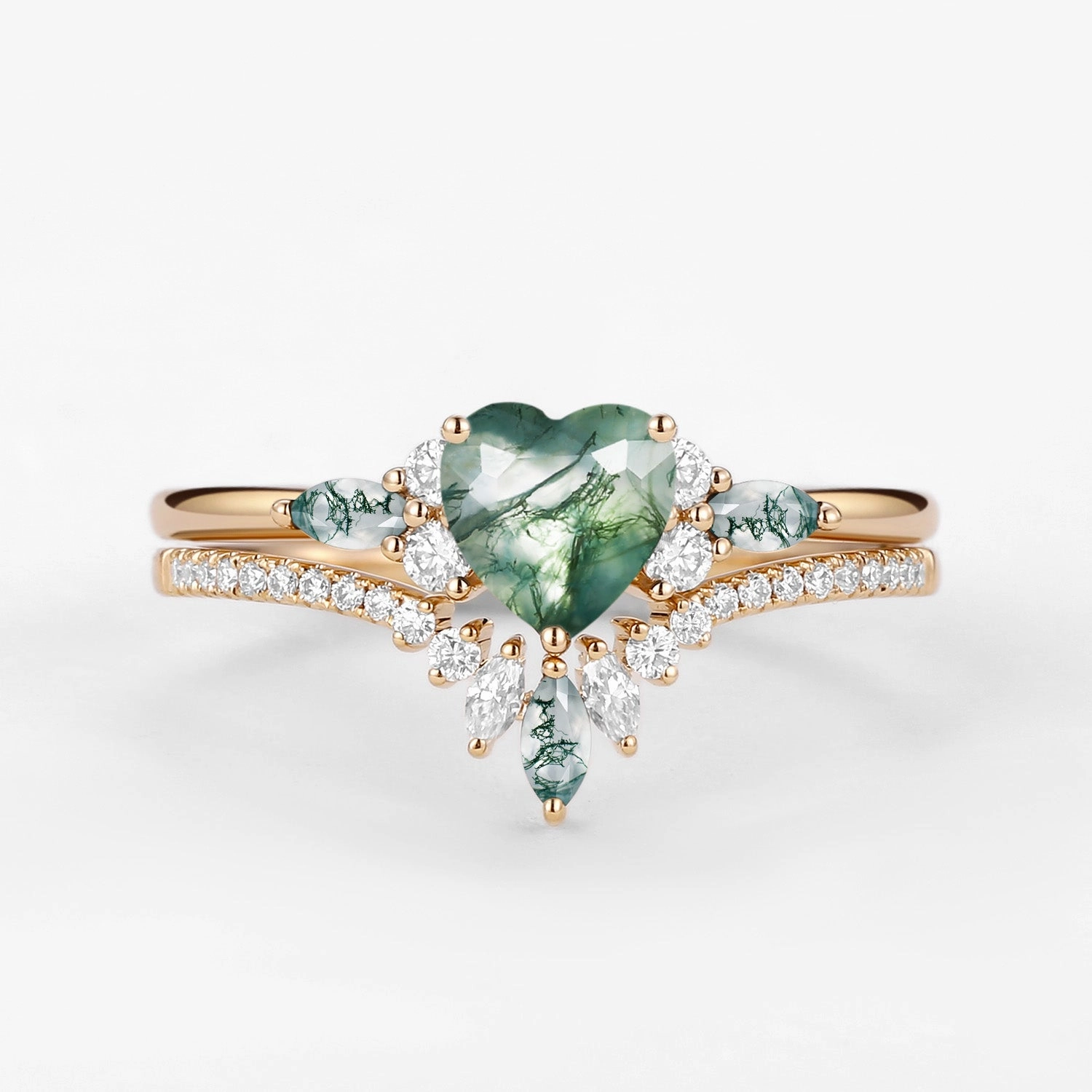 Heart Shaped Natural Moss Agate Engagement Ring Set 2pcs - Rebecca Luxury Tone Luxury Style