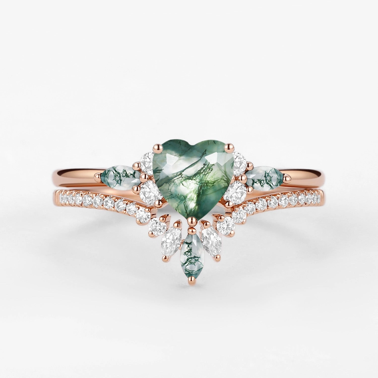 Heart Shaped Natural Moss Agate Engagement Ring Set 2pcs - Rebecca Modern Spark Sparkling Shine
