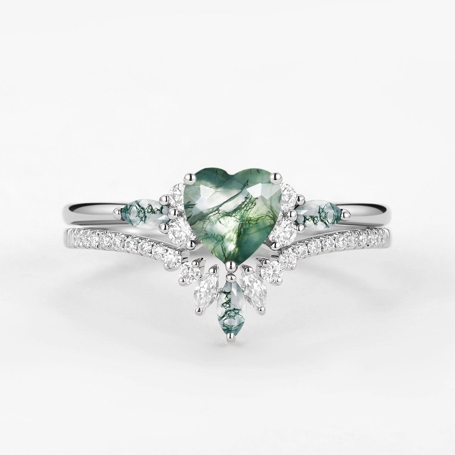 Everyday Pick Seasonal Mood Heart Shaped Natural Moss Agate Engagement Ring Set 2pcs - Rebecca