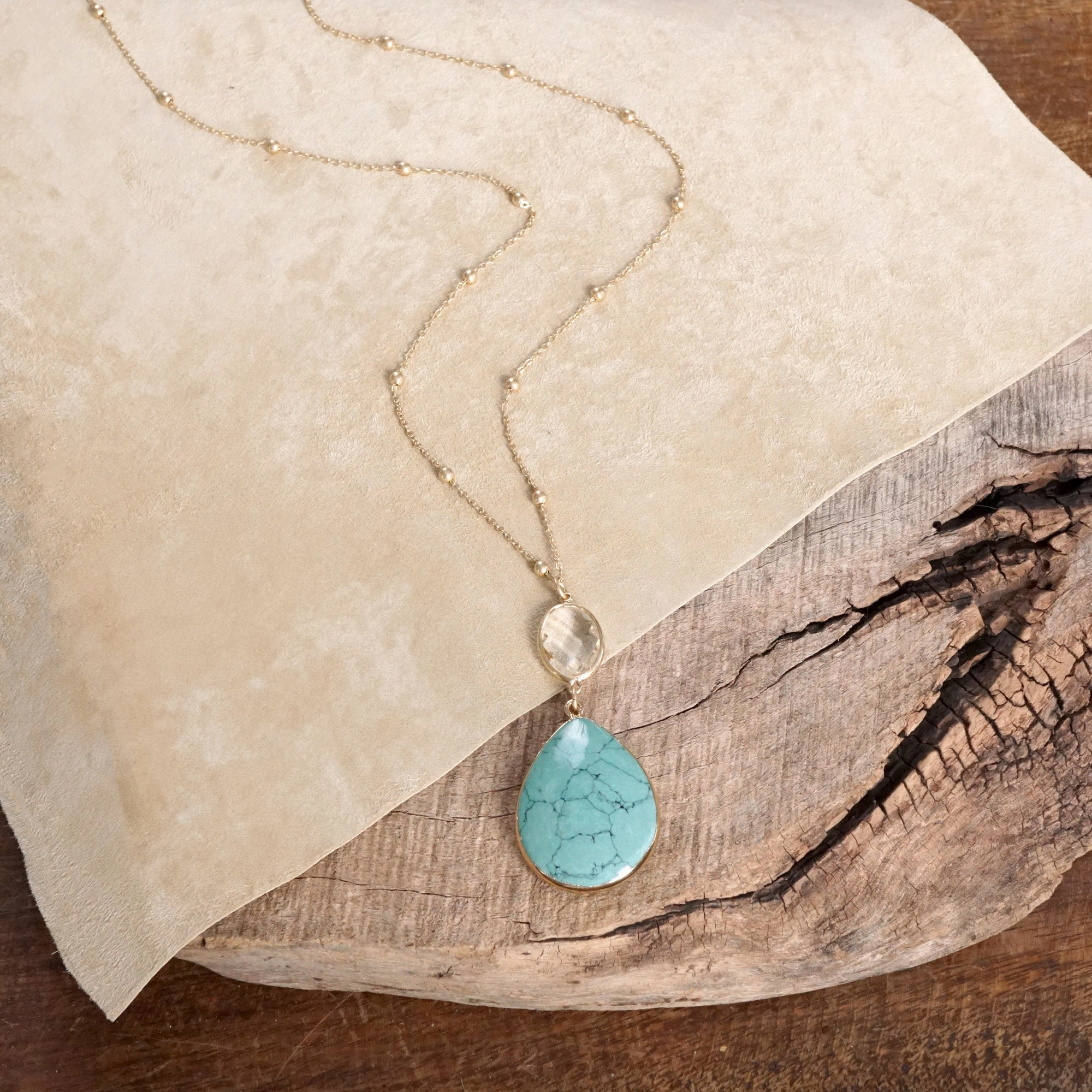 Boho Minimal Long Necklace with Teardrop Natural Stone Pendant ?C Turquoise and Worn Gold Tone Travel Style Stylish Days