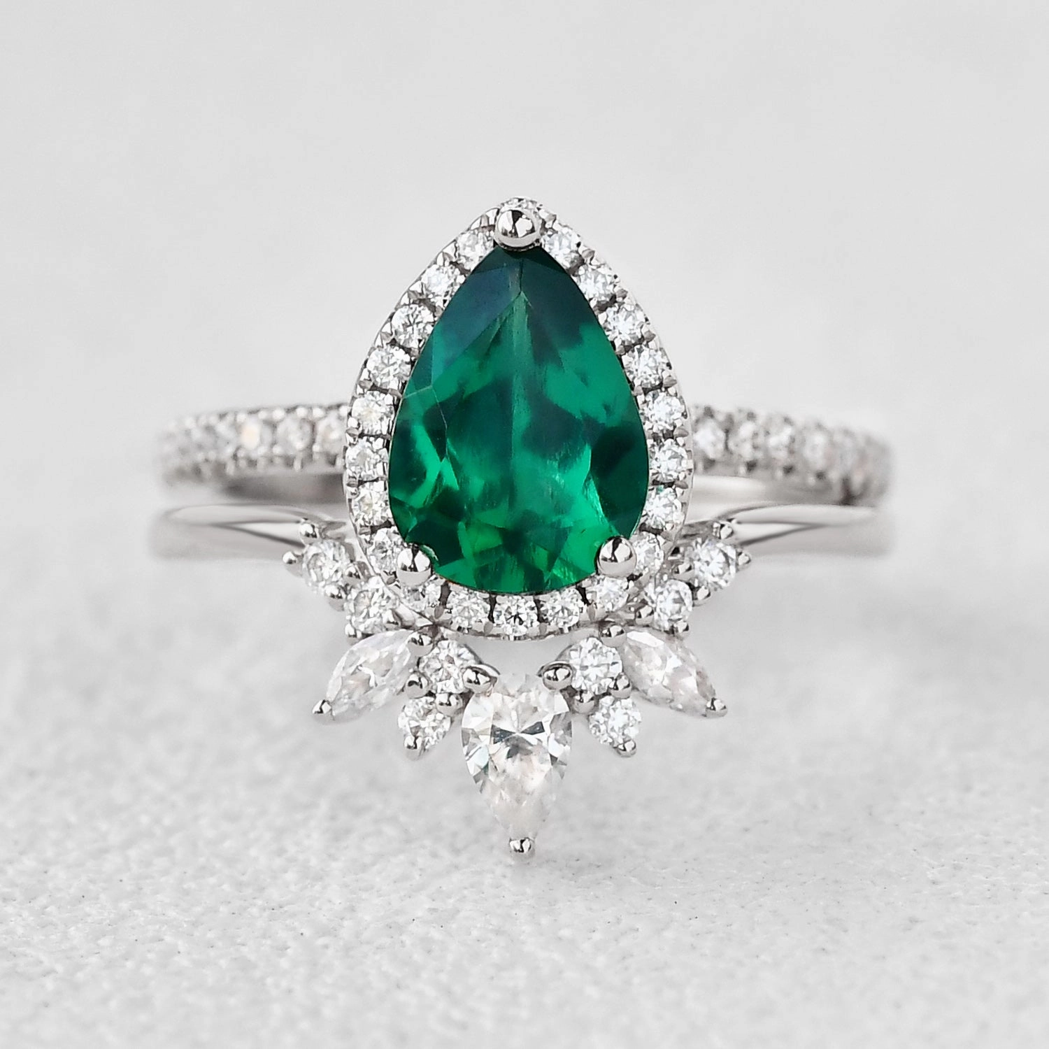 Opulent Accent Timeless Appeal 1.5ct Pear Shaped Emerald Cluster Halo Ring Set 2pcs
