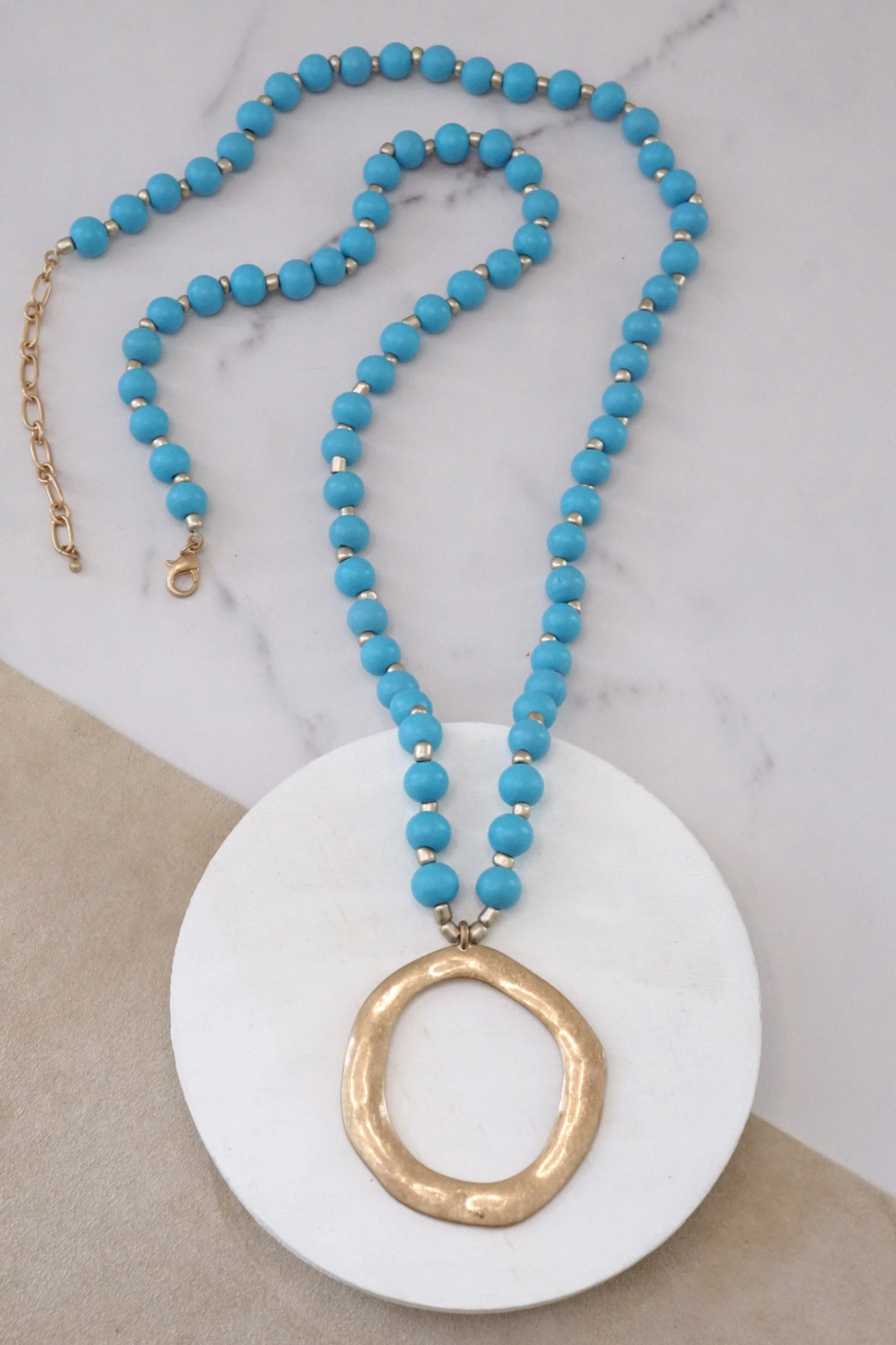 Handmade Accessory Anniversary Piece Long Wooden Bead Necklace with gold circle - Turquoise Blue