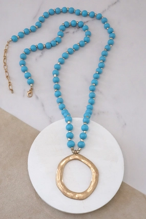 Handmade Accessory Anniversary Piece Long Wooden Bead Necklace with gold circle - Turquoise Blue