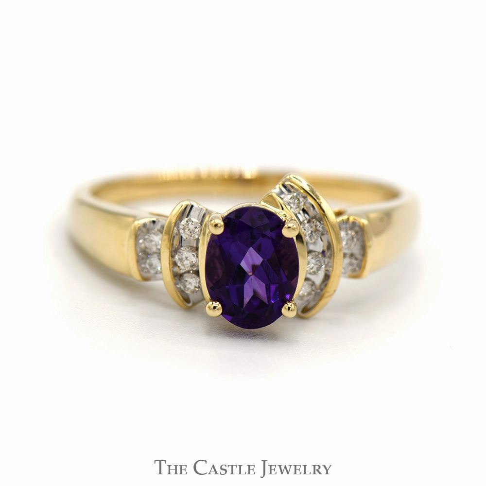 Oval Amethyst Ring with Channel Set Diamond Accents in 14k Yellow Gold Vintage Mounting Perfect Match