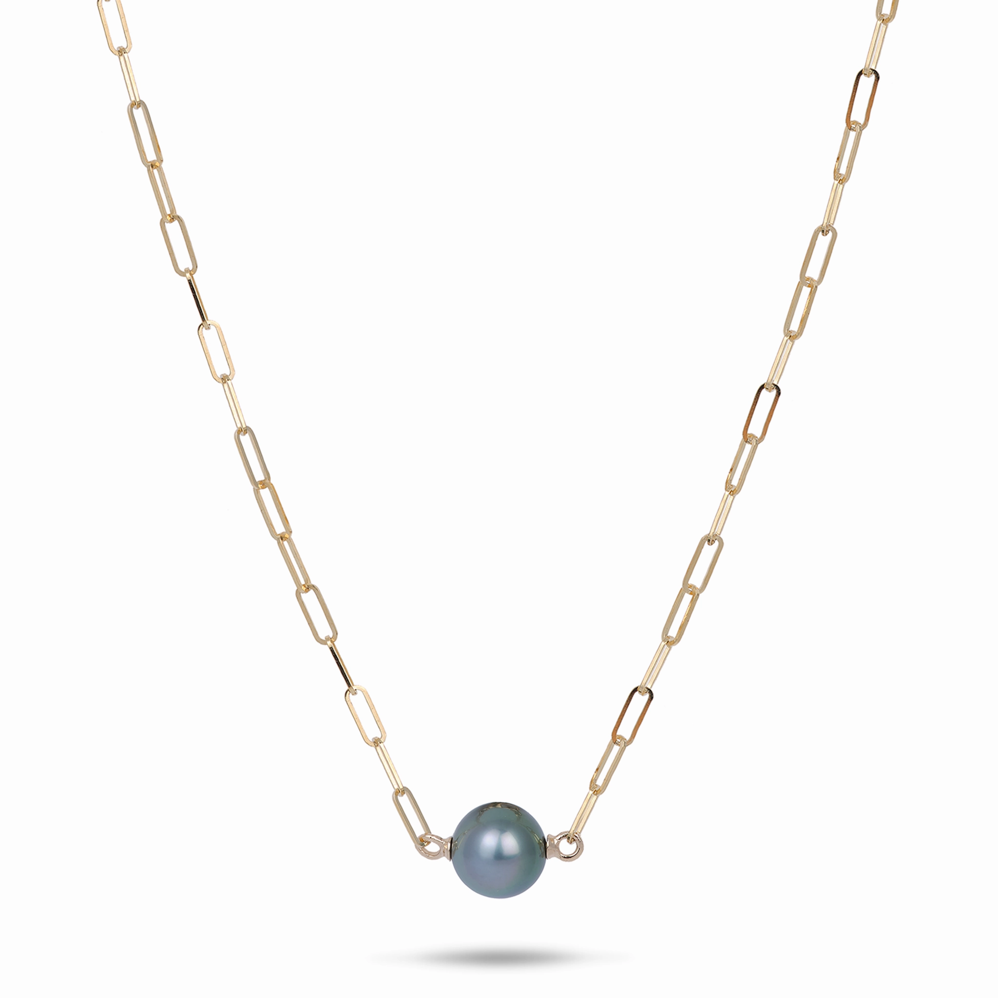 Vibrant Spark Elegant Contour 16-17" Tahitian Black Pearl Paperclip Chain Necklace in Gold - 10-11mm