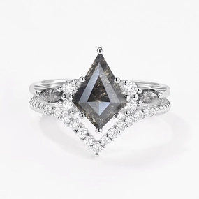 Dark Grey Kite Cut Salt and Pepper Diamonds Twist Engagement Ring Set 2pcs Ethereal Detail