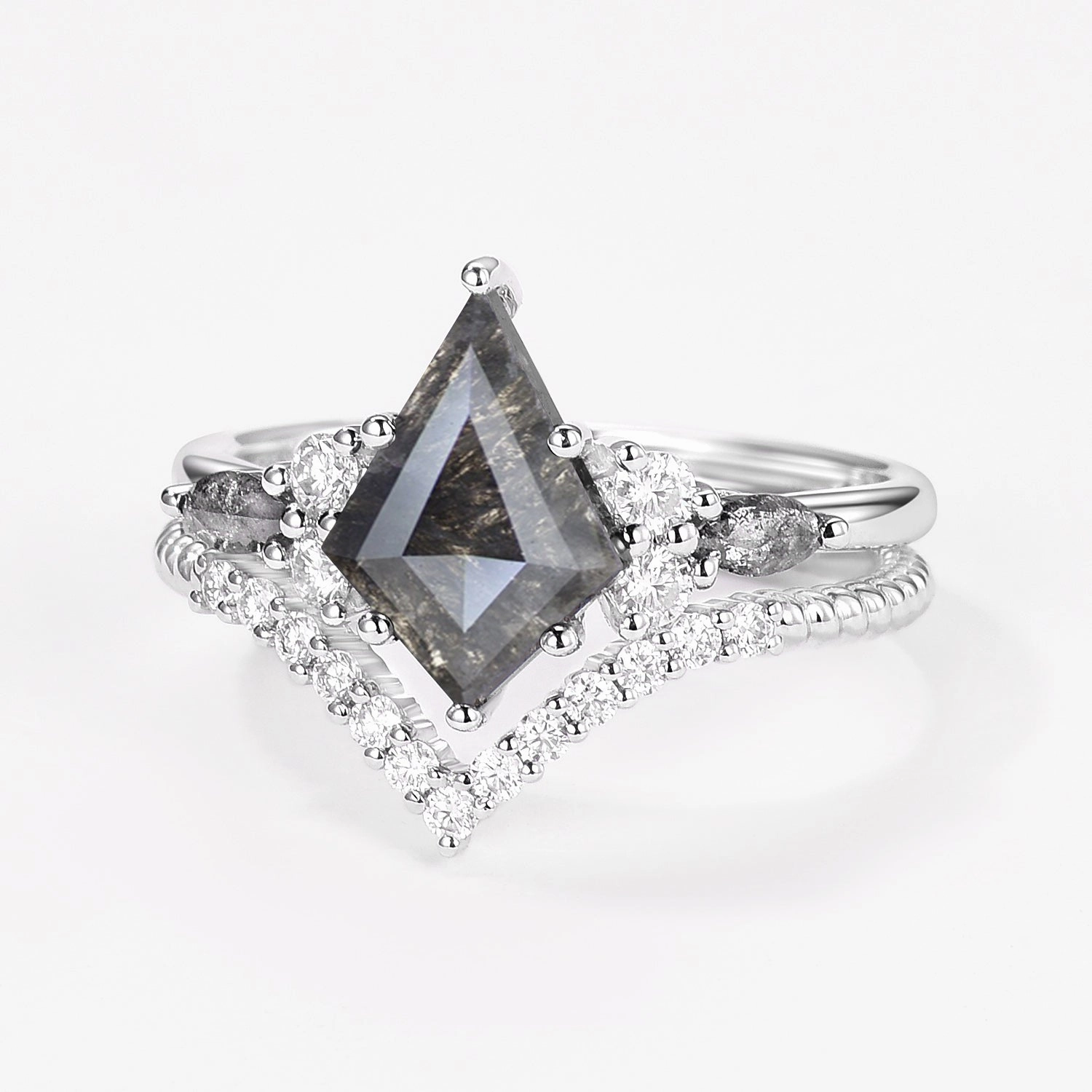 Dark Grey Kite Cut Salt and Pepper Diamonds Twist Engagement Ring Set 2pcs Iconic Feel