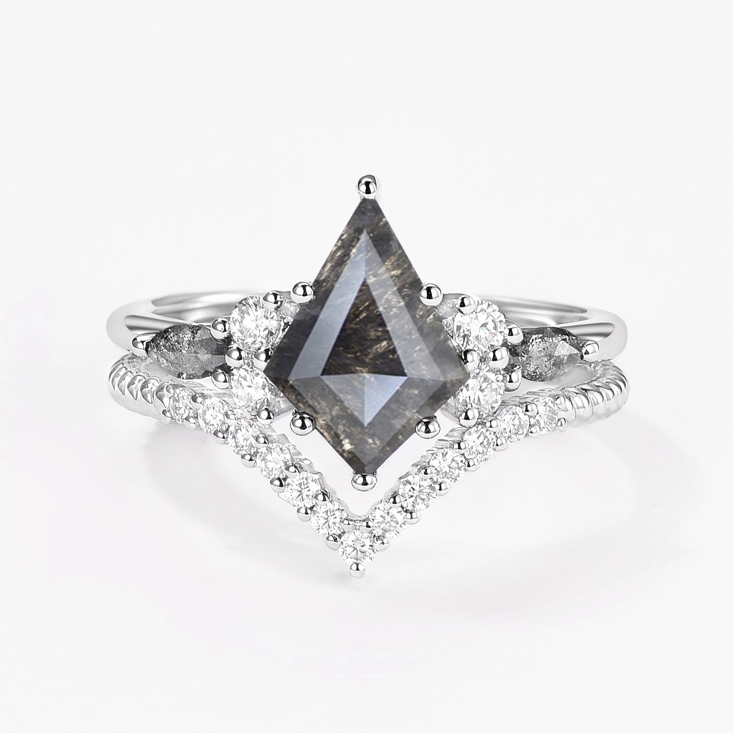 Dark Grey Kite Cut Salt and Pepper Diamonds Twist Engagement Ring Set 2pcs Ethereal Detail