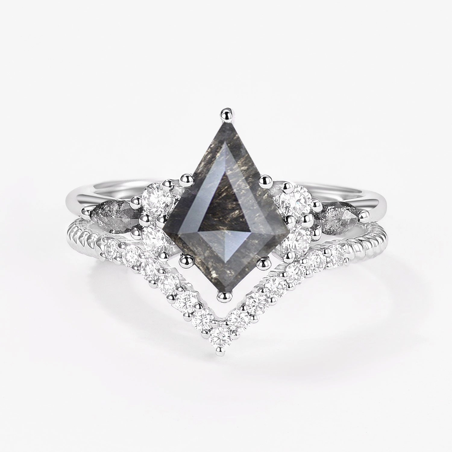 Dark Grey Kite Cut Salt and Pepper Diamonds Twist Engagement Ring Set 2pcs Precious Jewelry