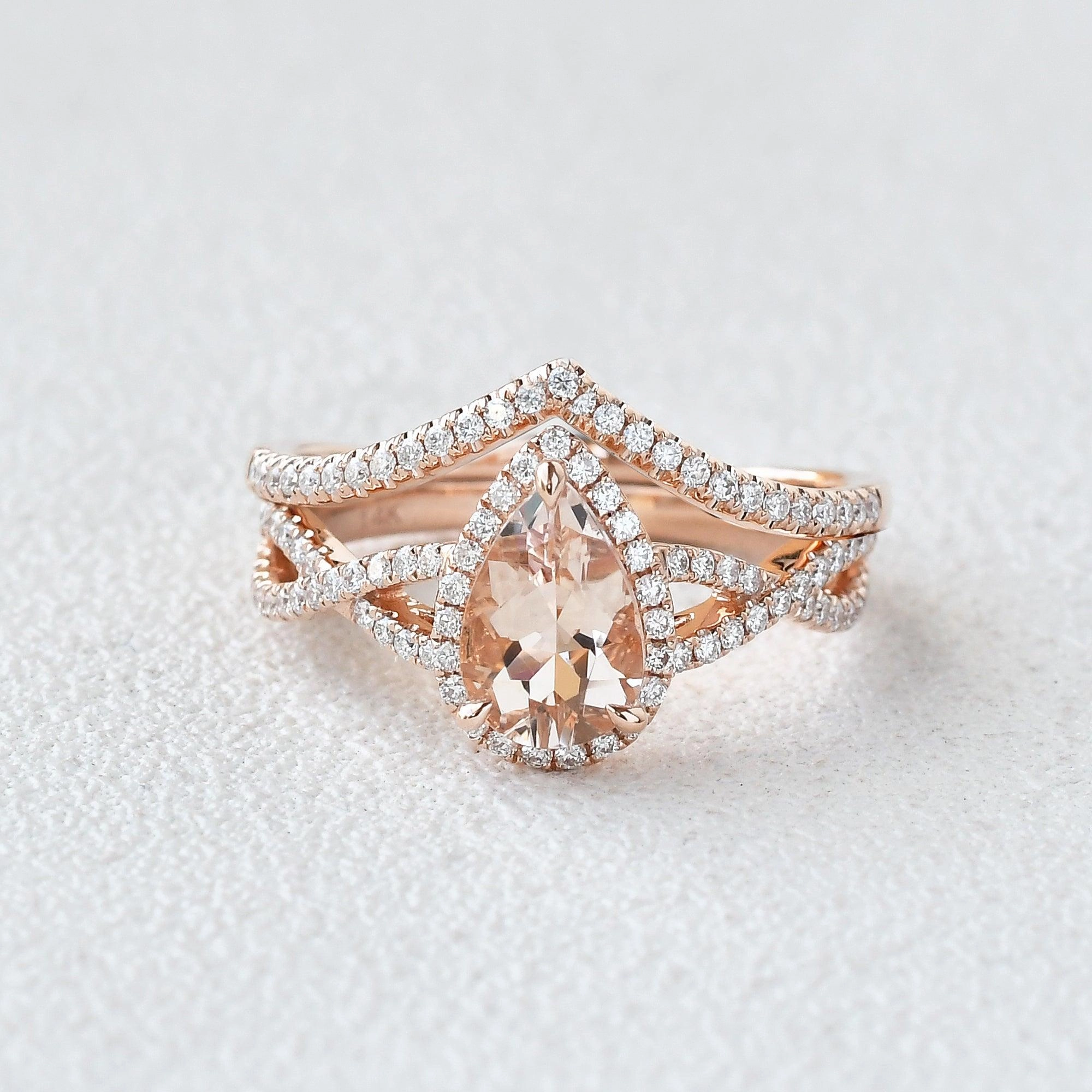 Felicegals Pear Shaped Morganite Gold Ring Set 2pcs Fashion Sparkle Fashion Elegance