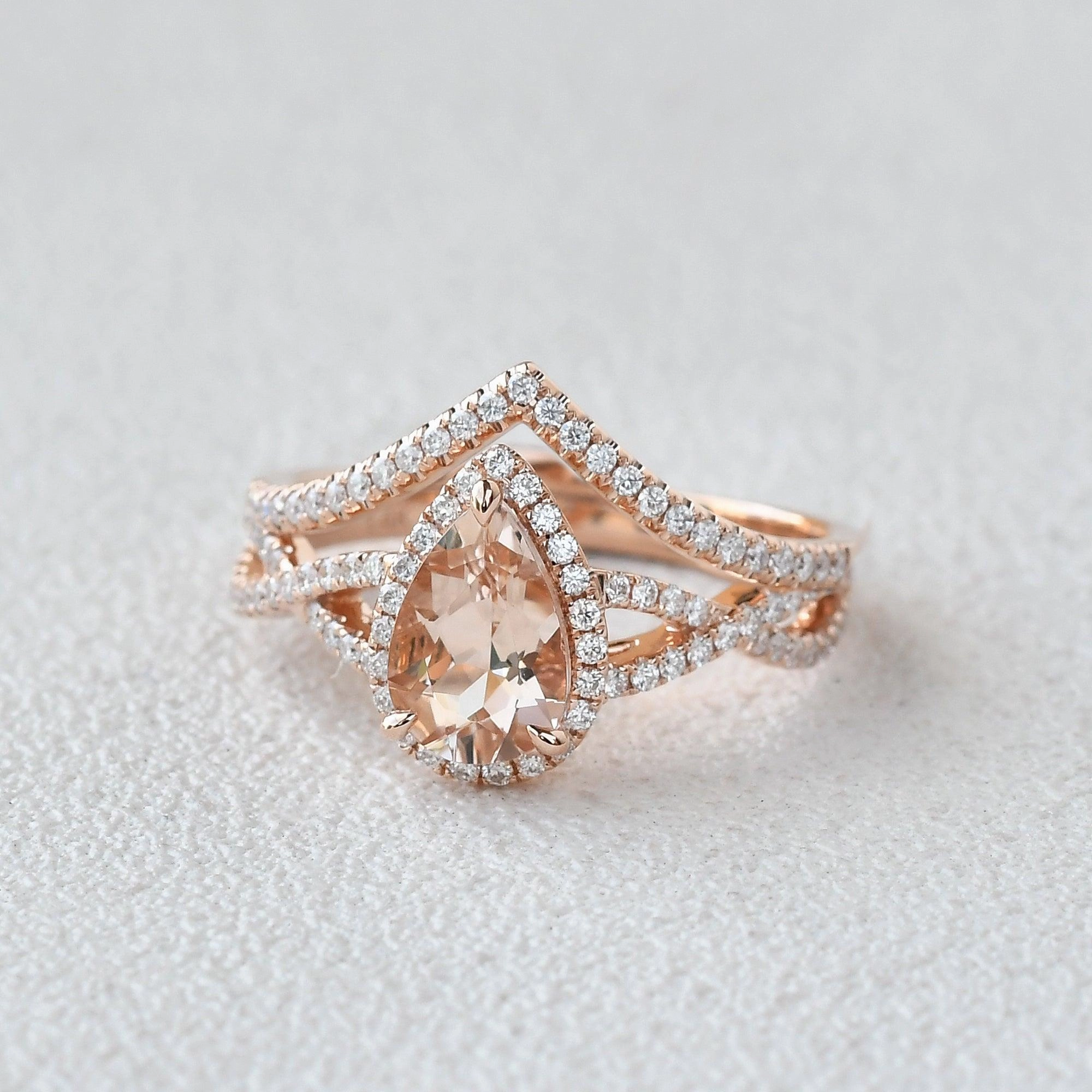 Travel Friendly Graceful Shine Felicegals Pear Shaped Morganite Gold Ring Set 2pcs