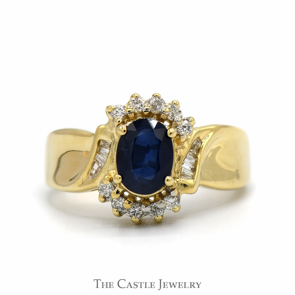 Contemporary Art Economical Item Oval Sapphire Ring with Round & Baguette Cut Diamond Accents in 14k Yellow Gold