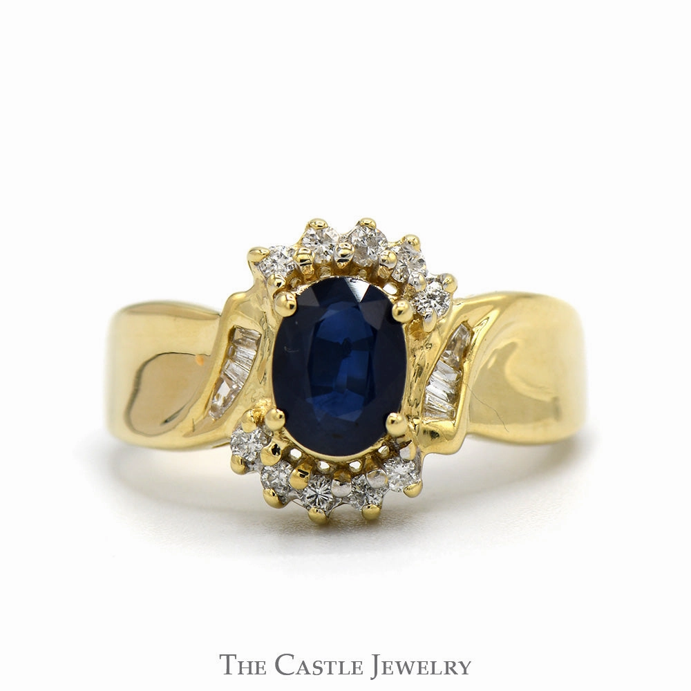 Eternal Symbol Oval Sapphire Ring with Round & Baguette Cut Diamond Accents in 14k Yellow Gold