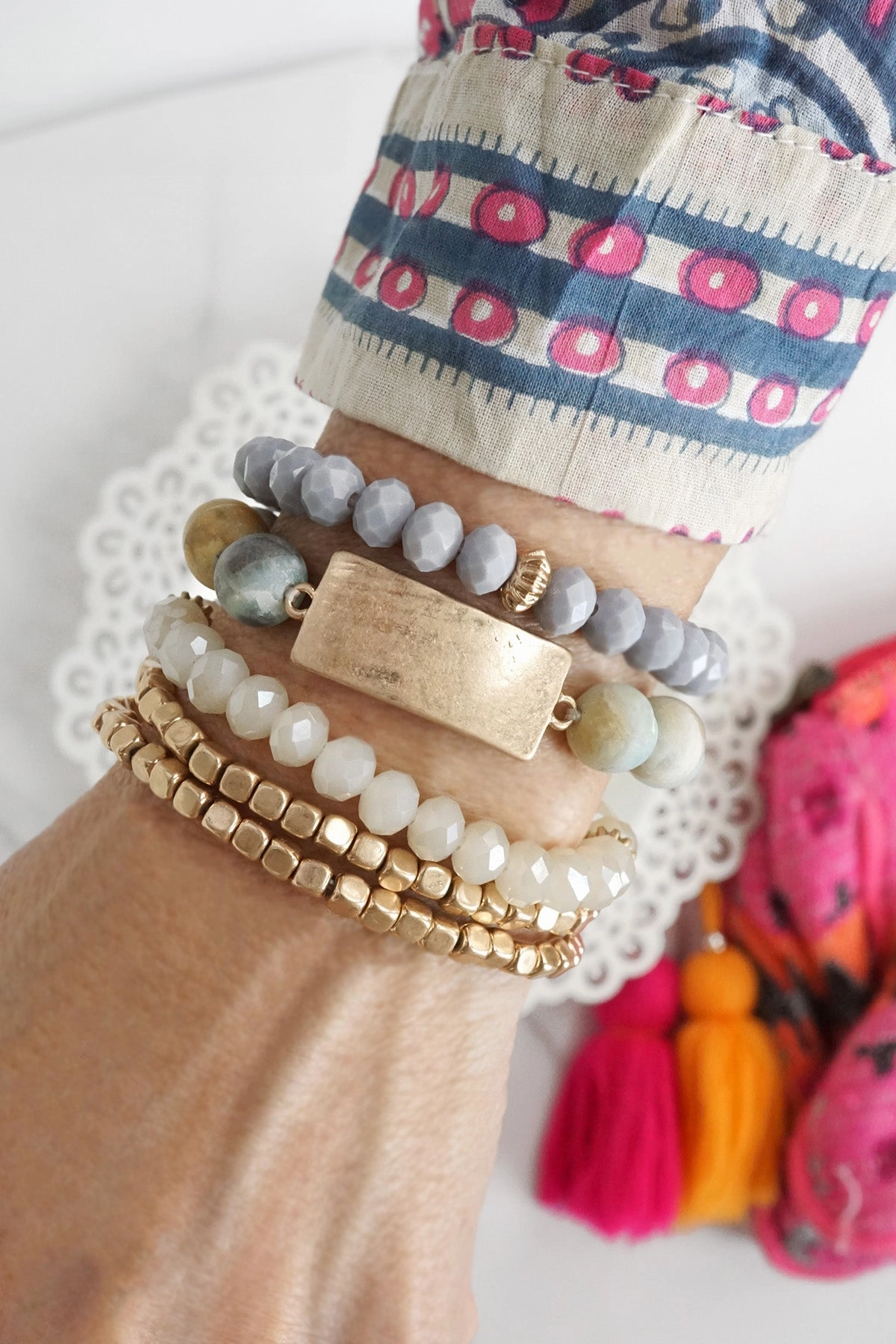 Unmatched Style Boho Beaded Bracelets Stack Semi Precious Metal Glass Plaque