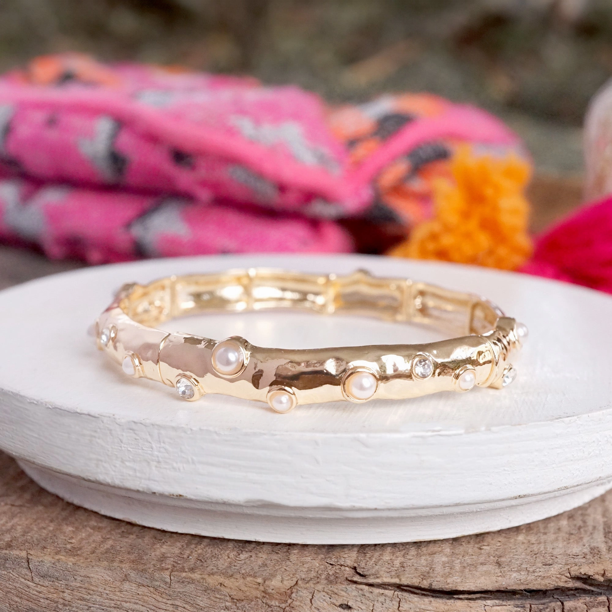 Tested Durability Stretchy Stackable Bangle Pearls and Rhinestones Gold or Silver Tone