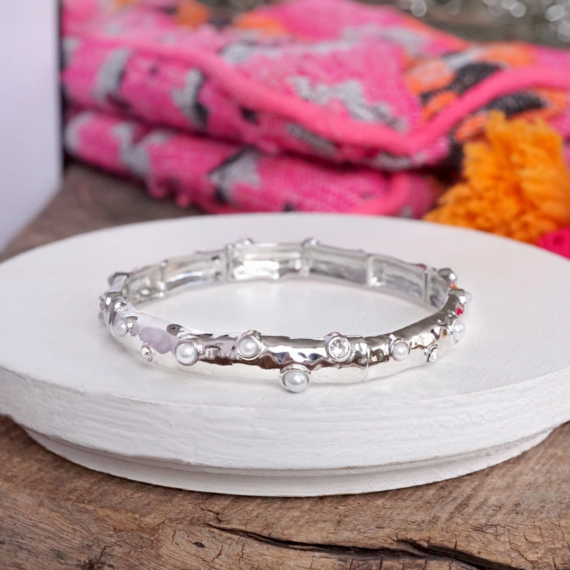 Stretchy Stackable Bangle Pearls and Rhinestones Gold or Silver Tone Wide Fusions