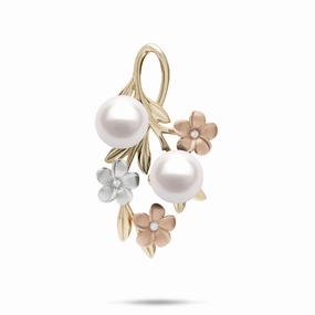 Subtle Beauty Pearls in Bloom Plumeria Akoya White Pearl Pendant in Tri Color Gold with Diamonds - 36mm
