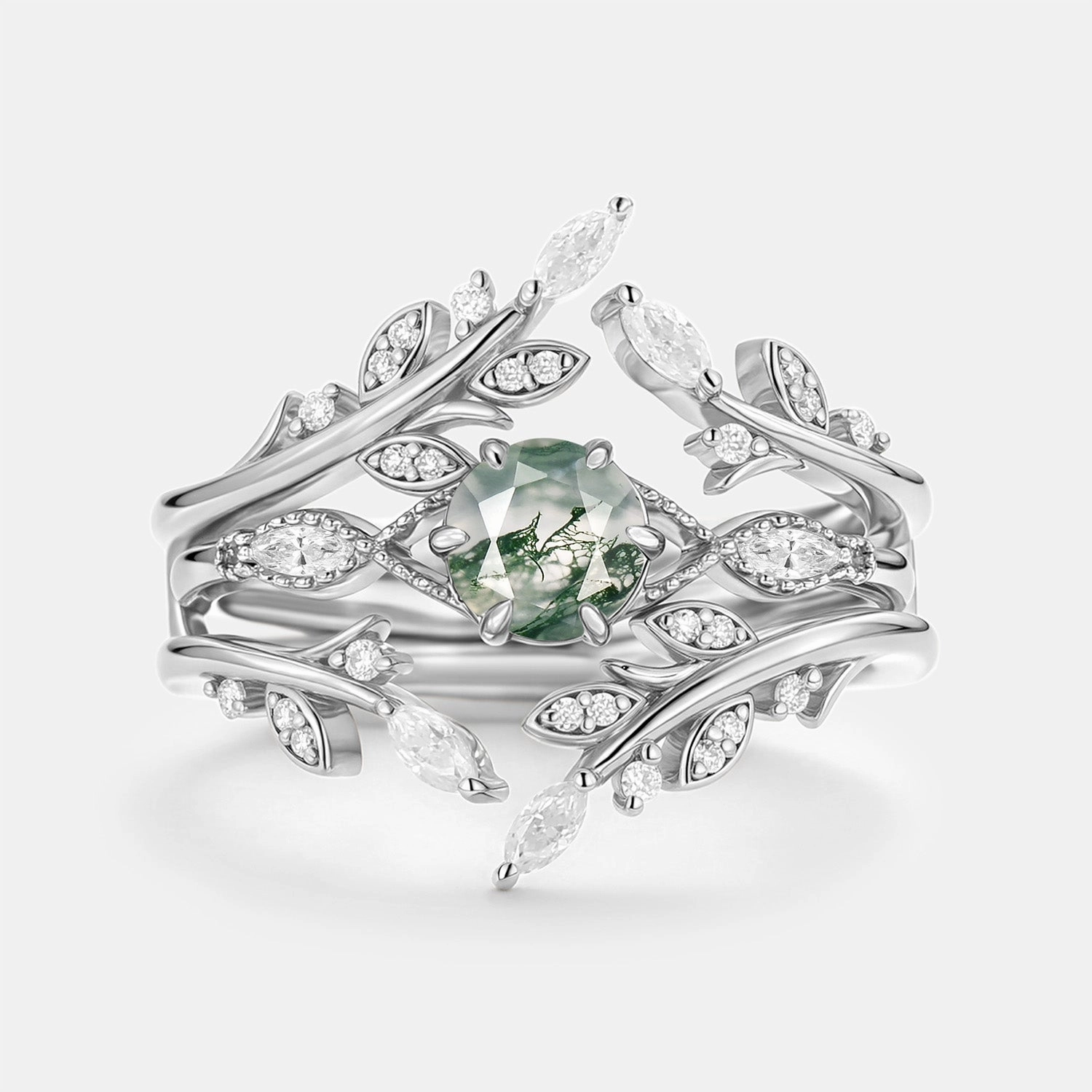 Round Cut Moss Agate Leafy Cage Engagement Ring Set 2pcs - Briar Romantic Touch Spark Moment