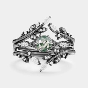 Round Cut Moss Agate Leafy Cage Engagement Ring Set 2pcs - Briar Timeless Form