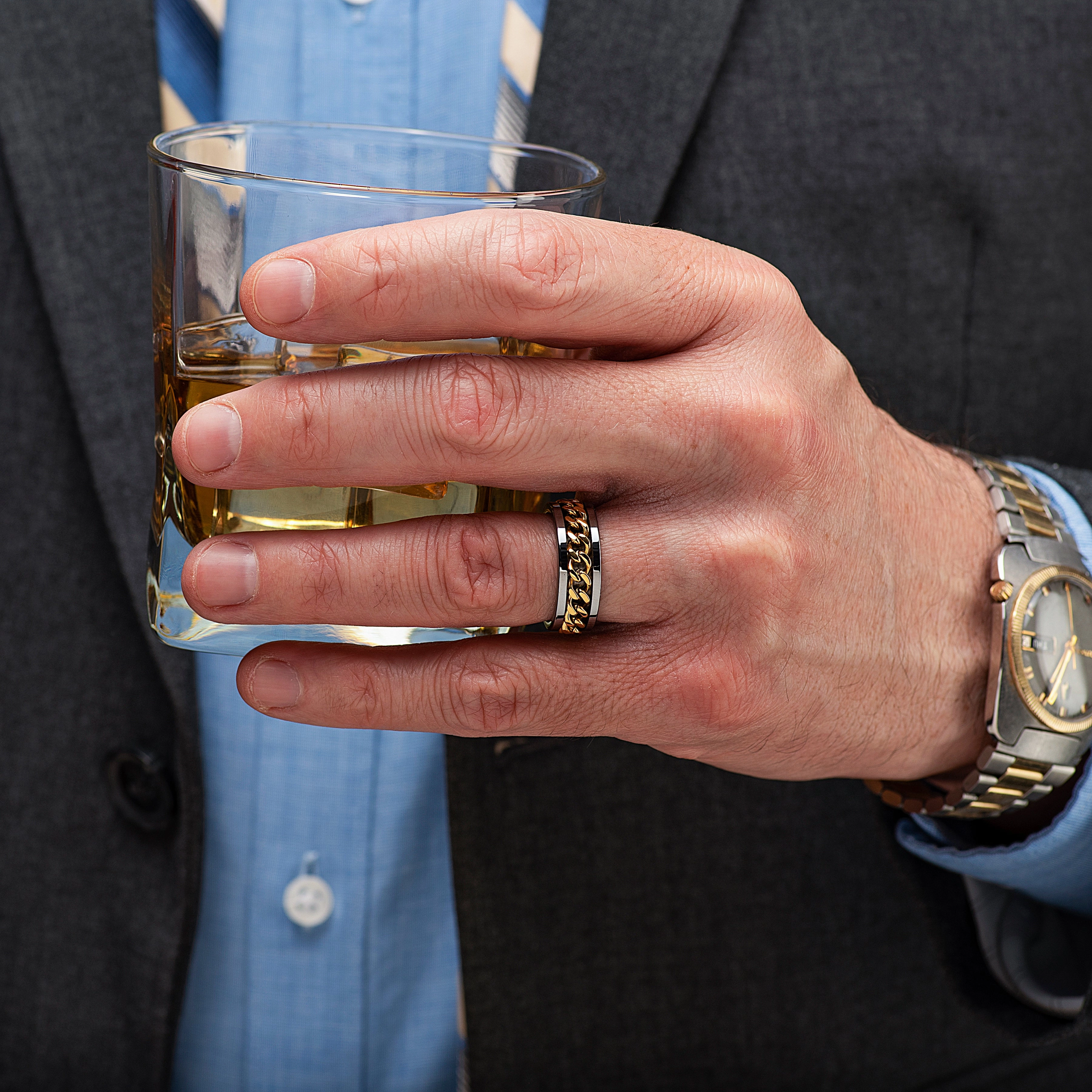 Handcrafted Work 100S JEWELRY Spinner Gold Cuban Link Tungsten Ring Men Women Wedding Band Promise Engagement Sizes 6-16