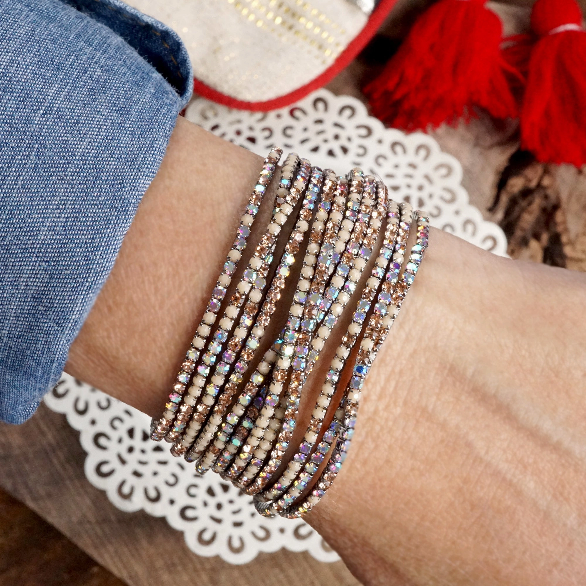 Good Fusions Esteemed Mixes Stretchy Bracelets Stack with Iridescent Rhinestones in Neutrals Browns Gunmetal