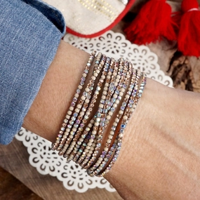 Good Fusions Esteemed Mixes Stretchy Bracelets Stack with Iridescent Rhinestones in Neutrals Browns Gunmetal
