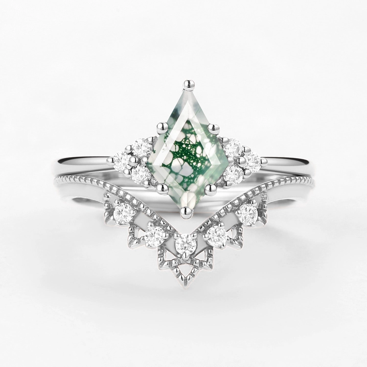 Vibrant Highlight Unique Shape Signature Vintage Kite Cut Moss Agate Engagement Ring Set 2pcs