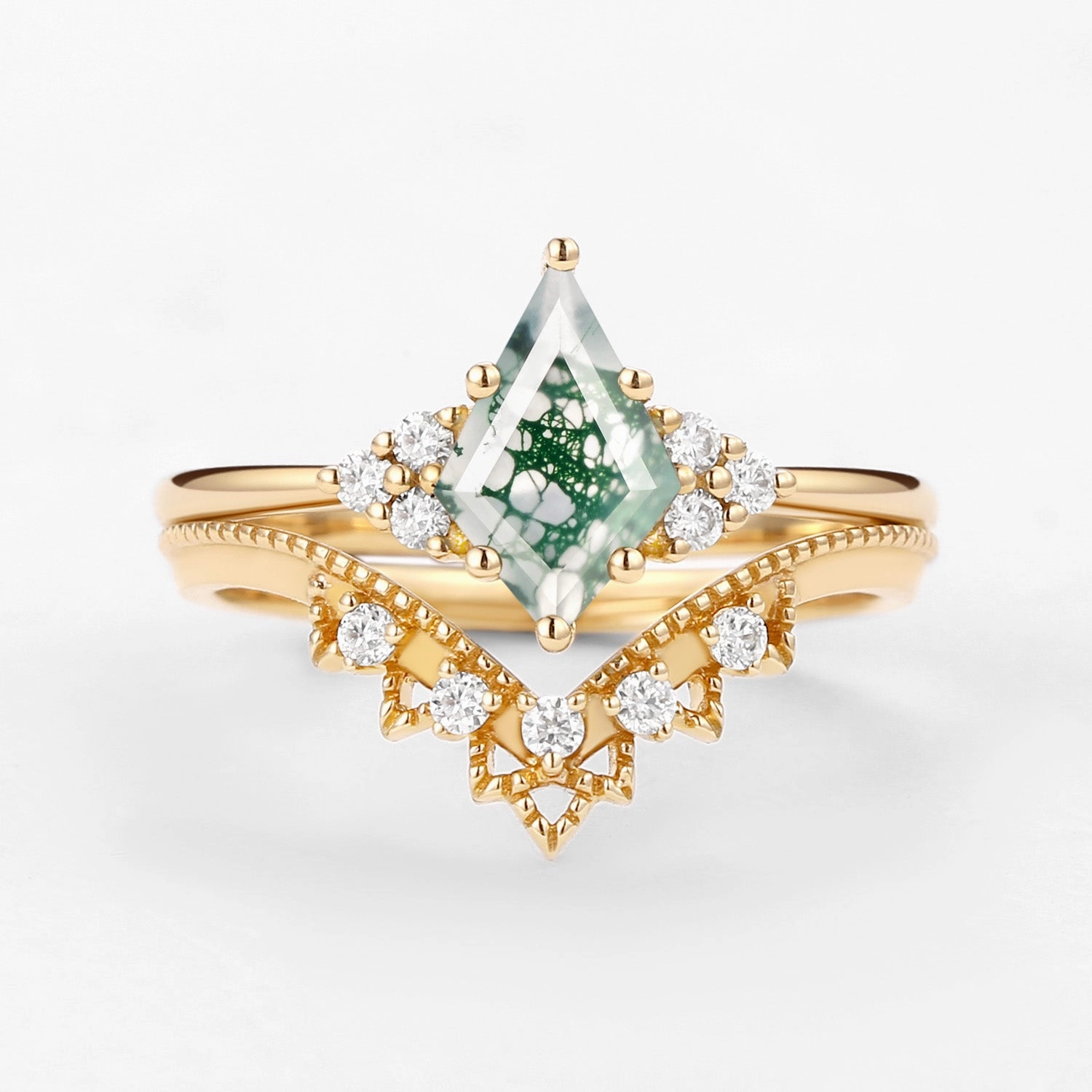 Chic Shine Lustrous Feature Signature Vintage Kite Cut Moss Agate Engagement Ring Set 2pcs