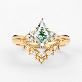 Chic Shine Lustrous Feature Signature Vintage Kite Cut Moss Agate Engagement Ring Set 2pcs
