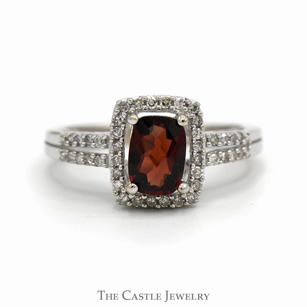 Luxury Expression Modern Touch Elongated Cushion Cut Garnet Ring with Diamond Halo and Diamond Accented Sides in 14k White Gold