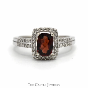 Luxury Expression Modern Touch Elongated Cushion Cut Garnet Ring with Diamond Halo and Diamond Accented Sides in 14k White Gold