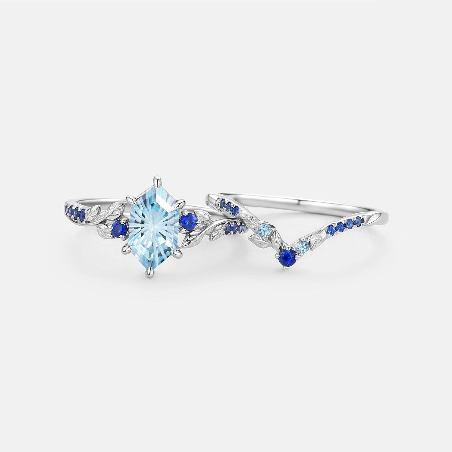 Opulent Sparkle Elongated Hexagon Fireworks Cut Aquamarine Engagement Ring Set 2pcs - Azure