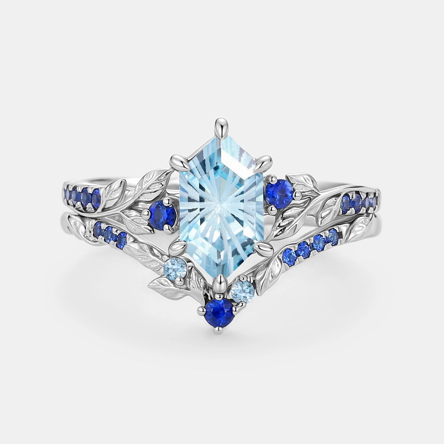 Elongated Hexagon Fireworks Cut Aquamarine Engagement Ring Set 2pcs - Azure Lustrous Form Luxe Appeal