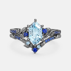 Elongated Hexagon Fireworks Cut Aquamarine Engagement Ring Set 2pcs - Azure Glamorous Accessory Camera Ready