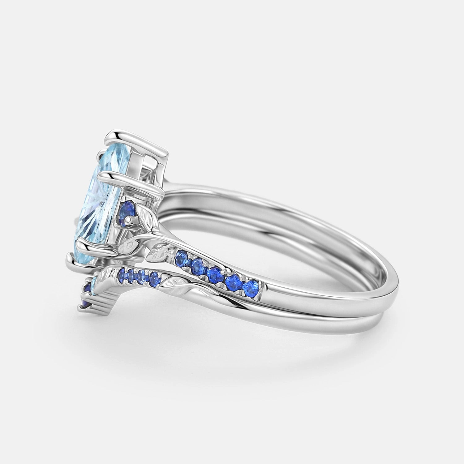 Simple Look Trendy Texture Elongated Hexagon Fireworks Cut Aquamarine Engagement Ring Set 2pcs - Azure