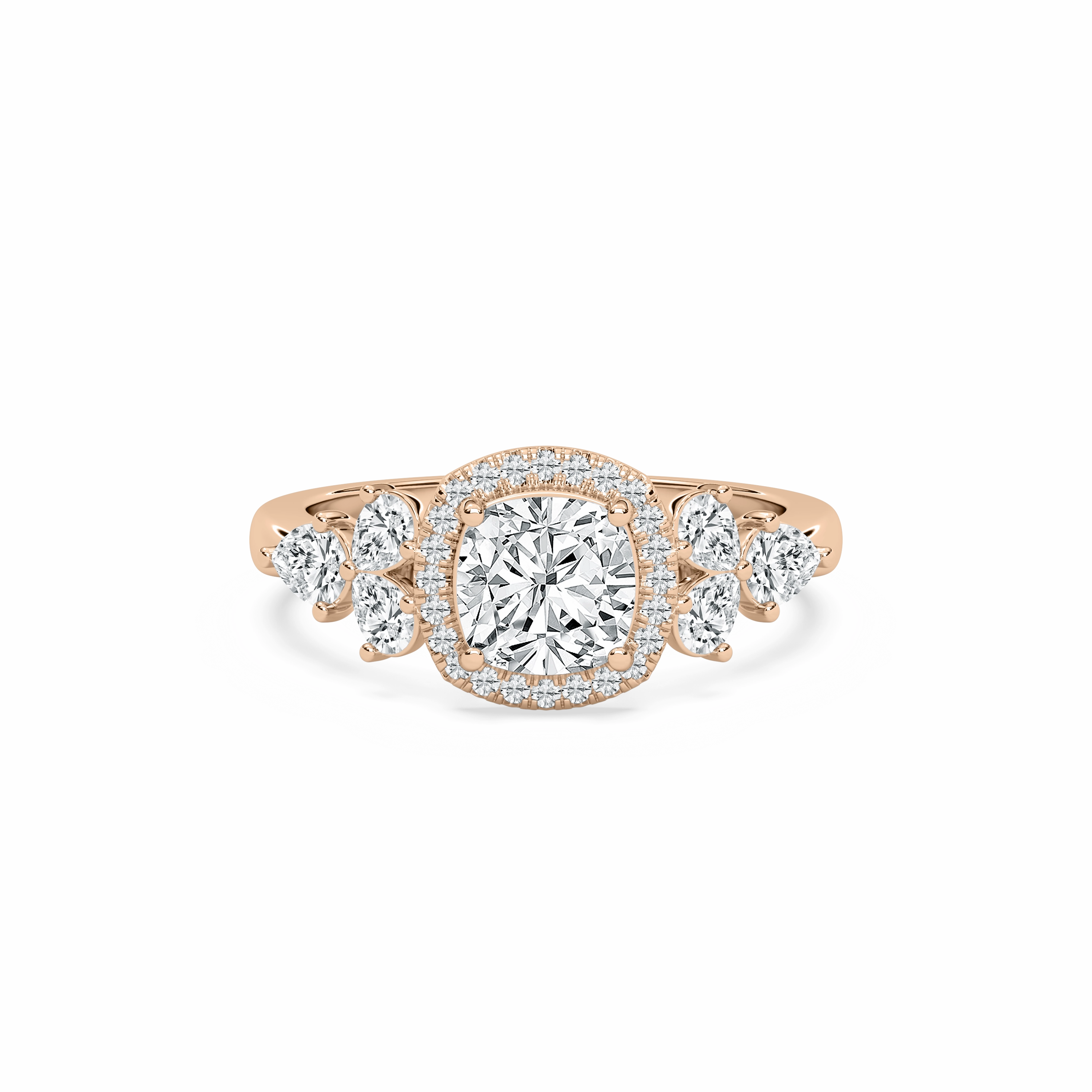 Award winning Symbolic Form Ember 3 2?? ctw Cushion Lab Grown Diamond Pear Sides Halo Engagement Ring