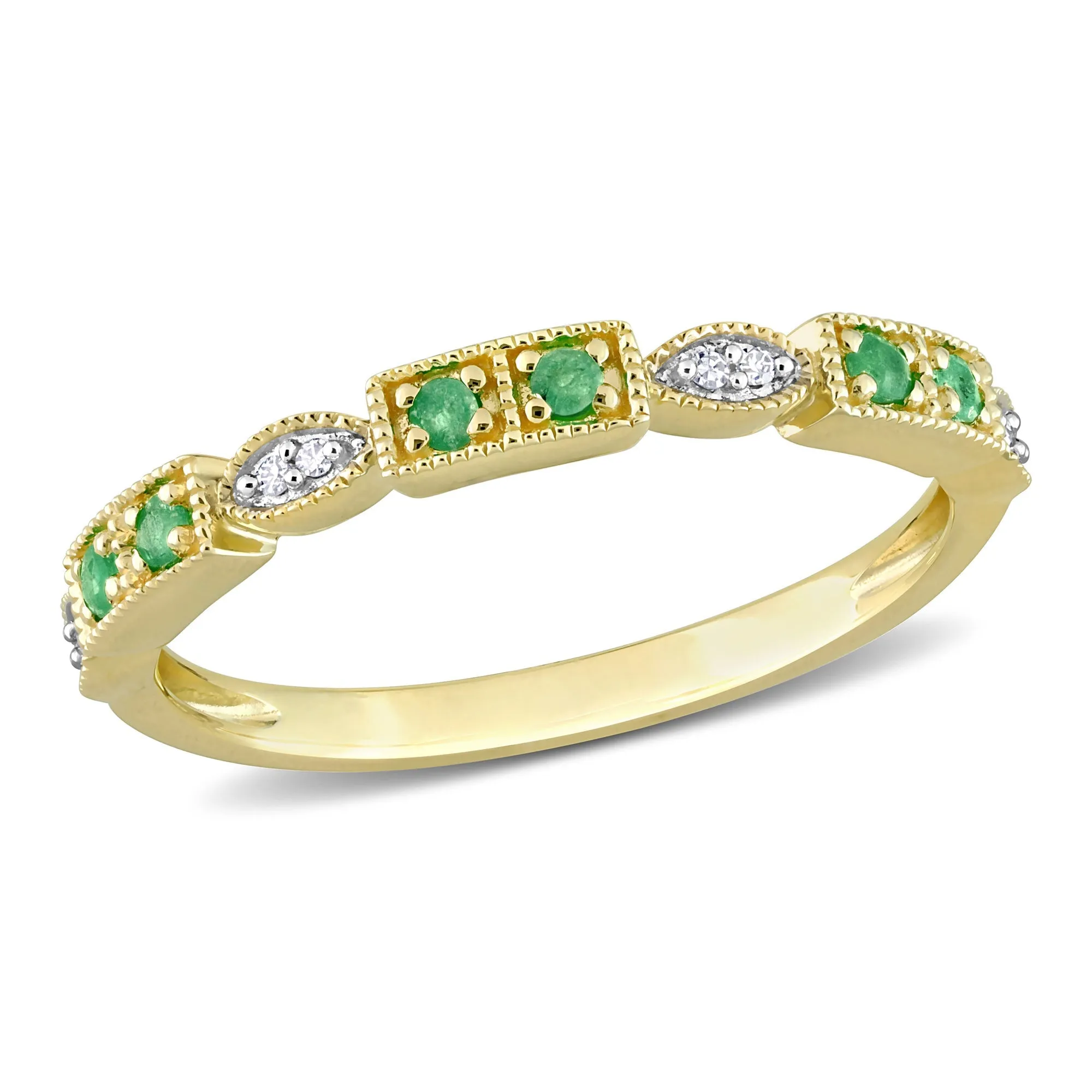 Emerald and 1/20ctw Diamond Vintage-Inspired Yellow Gold Stackable Ring | Size 6
