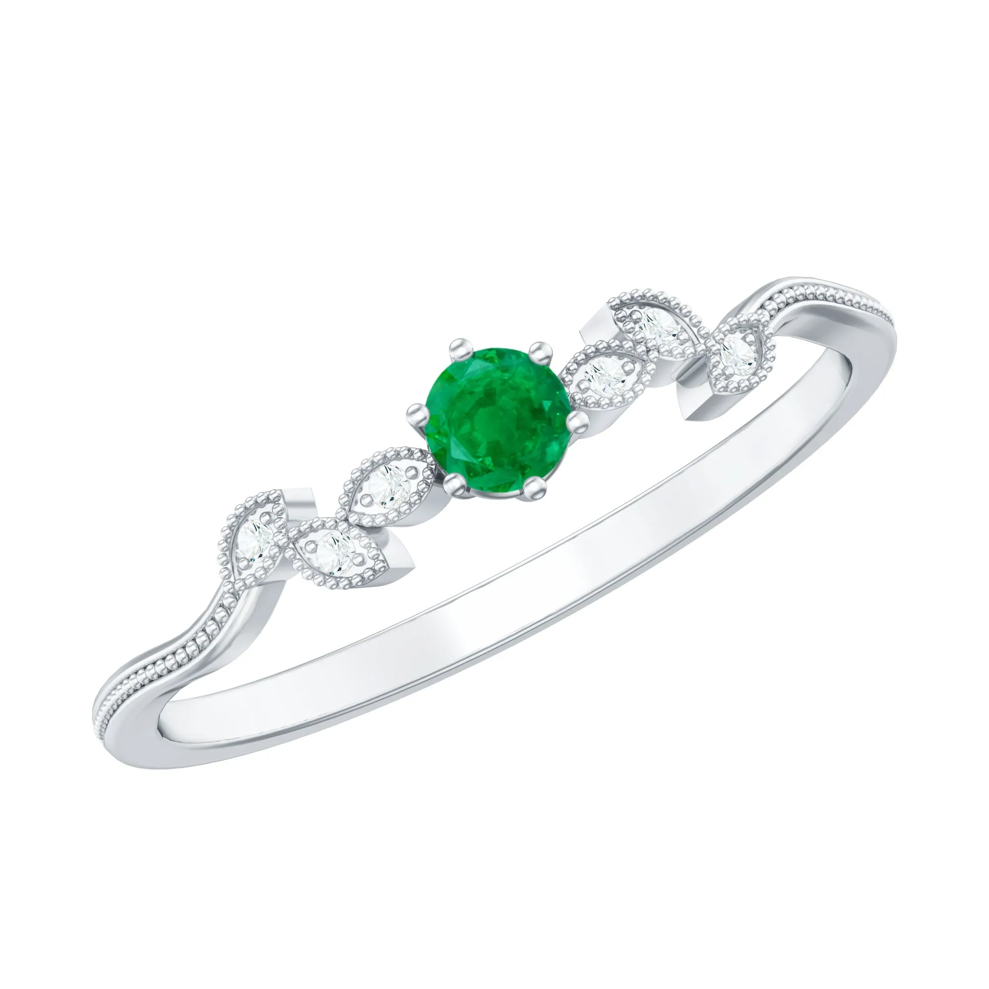 Emerald and Diamond Leaf Branch Promise Ring