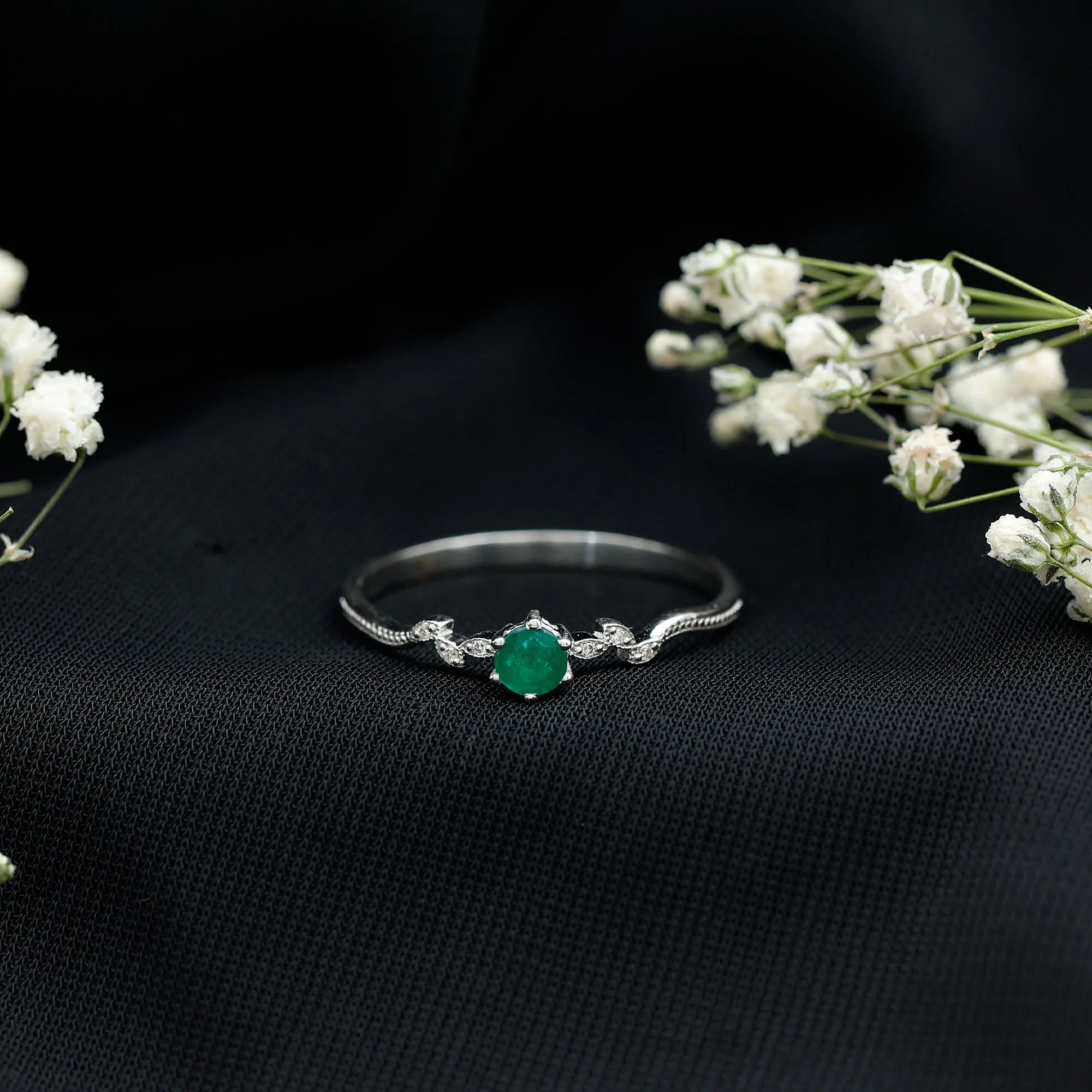 Emerald and Diamond Leaf Branch Promise Ring