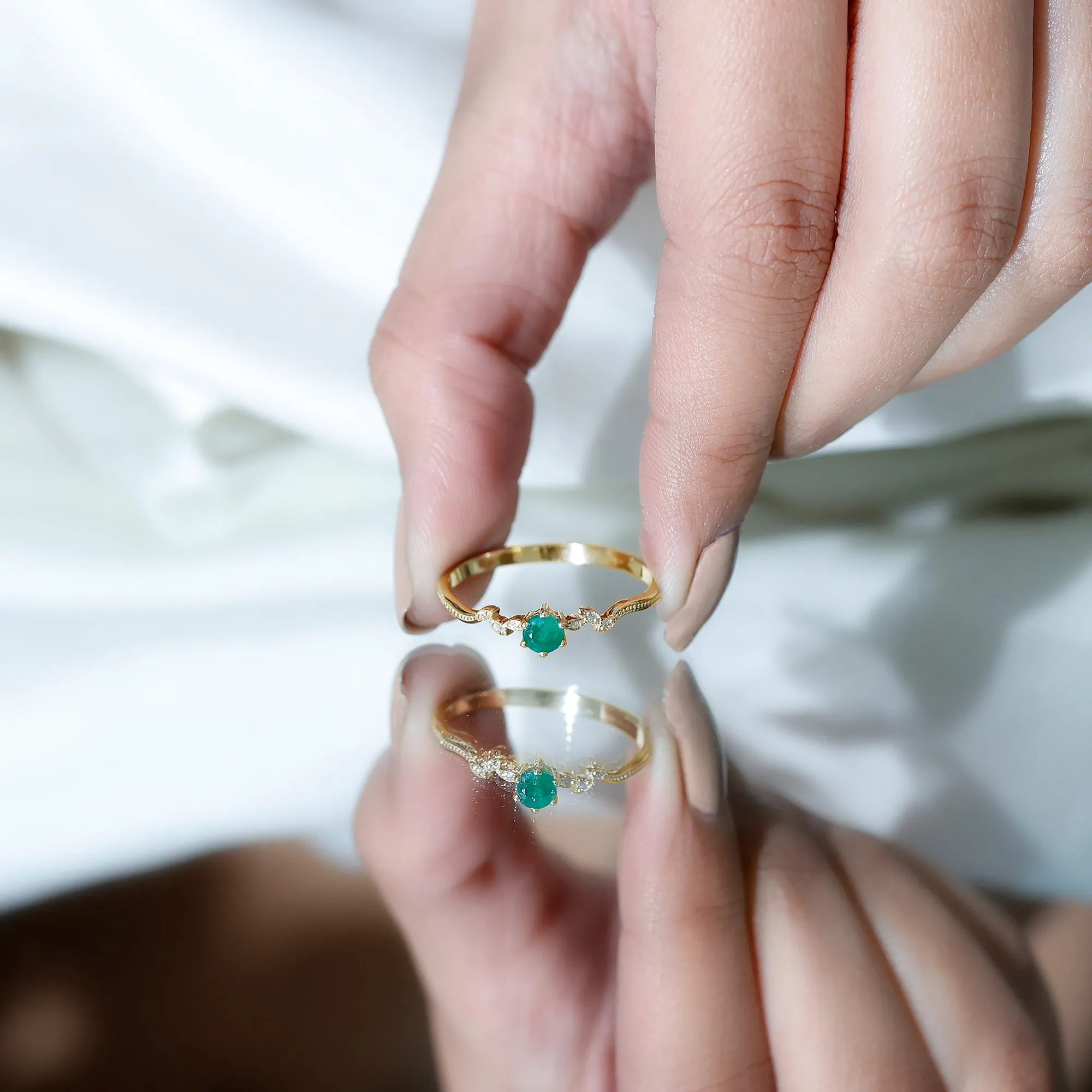 Emerald and Diamond Leaf Branch Promise Ring